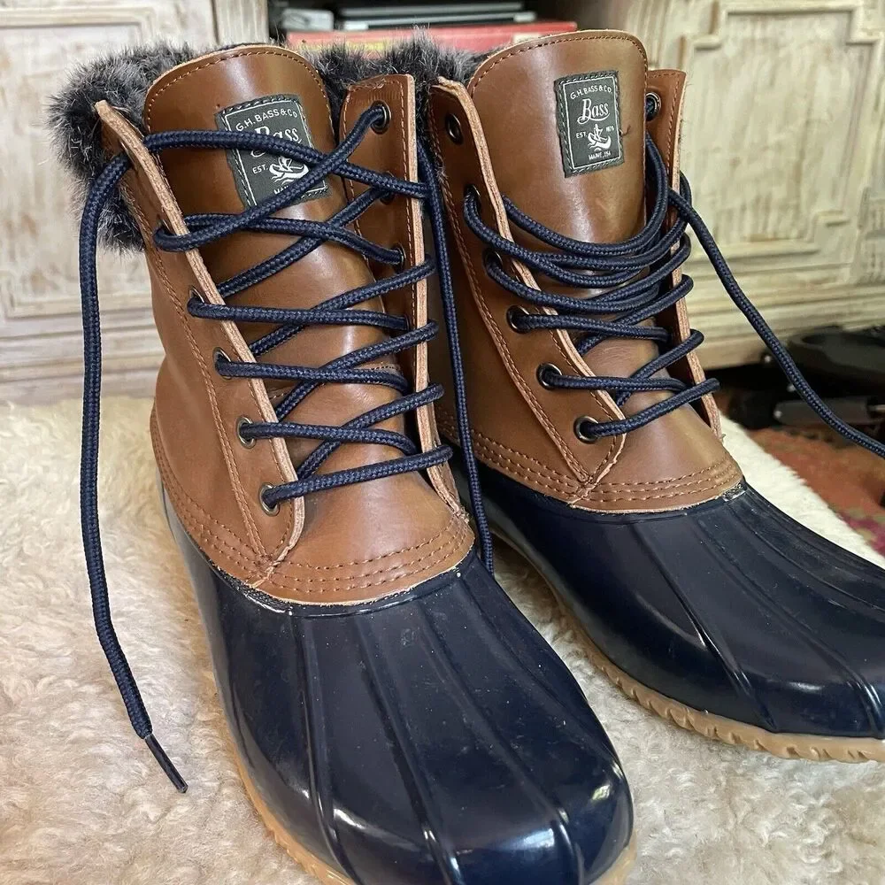 Bass Harlequin Winter Duck Boots Black Sz‎ 9 Womens Leather Rubber Faux Fur Trim